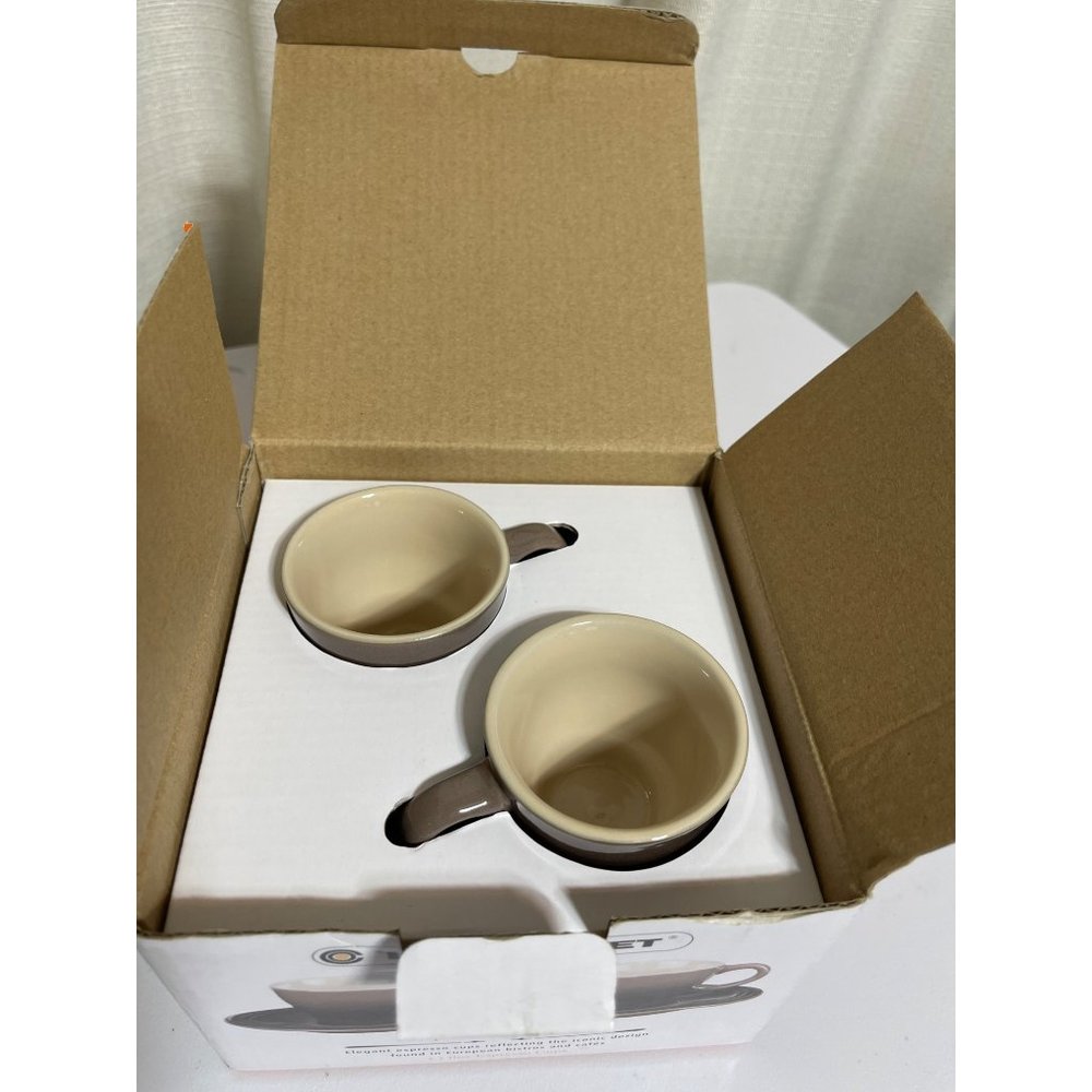 New Le Creuset Cafe Collection Espresso Cups 2 OZ With Saucers Brown Ombre NIB - Picture 2 of 6